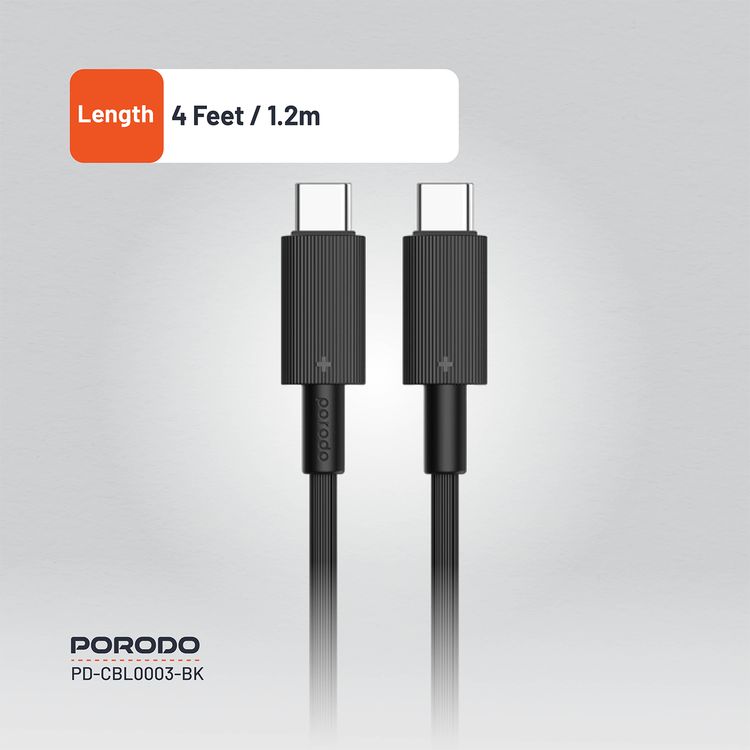 Porodo USB-C to USB C PVC Cable, 480Mbps Transfer Speed, 60W Power Delivery, more than 15000 Bends Life Span, 1.2m Cable Length, Tangle Free - Black