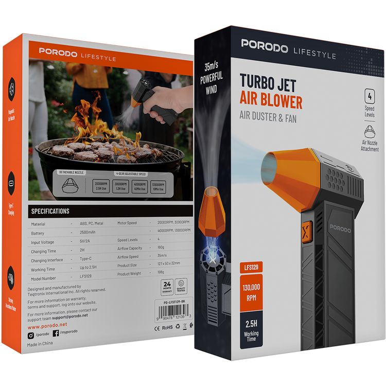 Porodo Lifestyle Turbo Jet Air Blower with 4 Speed Levels, Magnetic Air Nozzle, Strong Brushless Motor, Up to 2.5 Hours Working Time, 35m/s Powerful Wind - Black