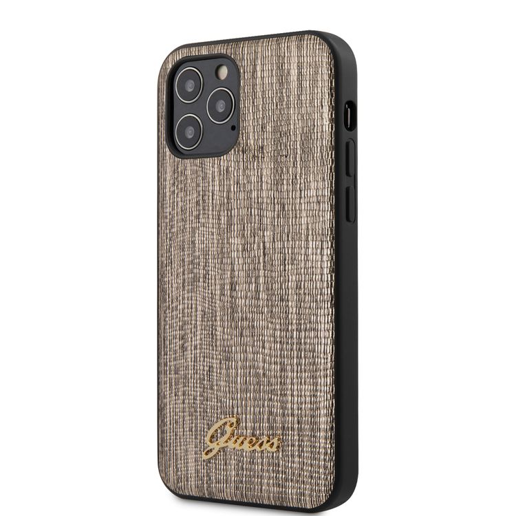 CG MOBILE Guess PU Lizard Pattern Phone Case w/ Metal Logo Compatible for iPhone 12 / 12 Pro (6.1") Mobile Case Anti-Scratch Officially Licensed - Gold