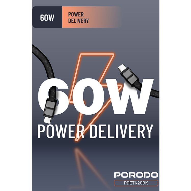 Porodo USB-C to USB-C Wristband Cable with Magnetic Steel Clasp, 60W Power Delivery, 480Mbps Data Transfer Speed, Wearable Design, 20cm Cable Length, PU Leather & Zinc Alloy Material - Black