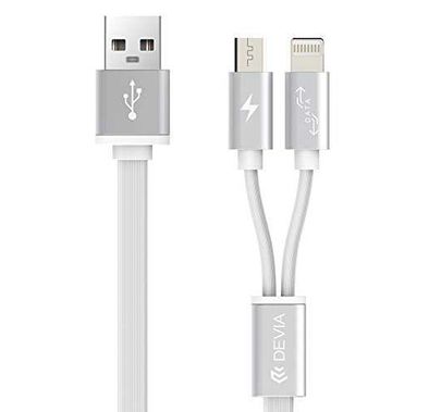 Devia Smart 2 in 1 Cable 1M, Smart Series 2 in 1 Cable Compatible with USB & Lightning 2.1A / 1M, Suitable with iOs & Android Devices, Made with Pure Copper Wire & TPE - White