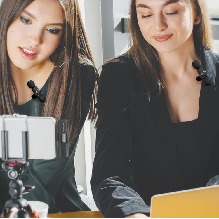 Porodo Audix Pro Lavalier Dual Microphones with Type-C & Lightning Connectoer, Up to 3 Hours Working Time, 1 Hour Charging Time, 40mAh Battery Capacity, Instant Wireless Setup, Auto Pairing Technology, Precise Reverb - Black