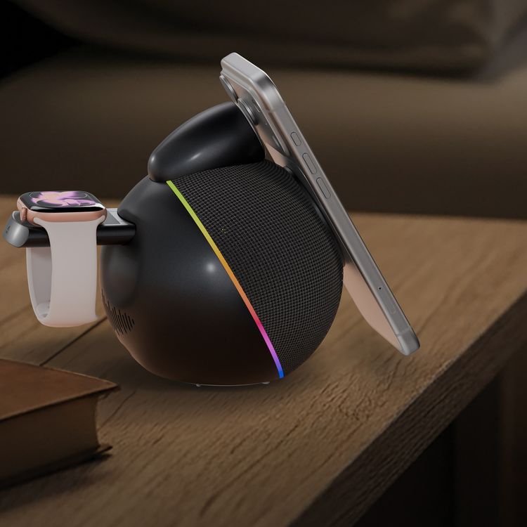 Levelo Aira 2-in-1 Wireless Charger with Built-in 10W Speaker, Shock-Absorbing Bottom Pad, Dual-Frequency Bionic Cavity, Ambient Glow Light, Qi2.2 Technology, Integrated Sound, N52 Strong Magnets, 10m Transmittance Distance, Compact Sphere Design, Impressive Sound - Black