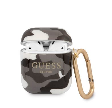 CG MOBILE Guess TPU Shinny Camouflage Case with Anti-Lost Ring Compatible for AirPods, Scratch & Drop Resistant Cover, Dustproof Protective Silicone Case - Black