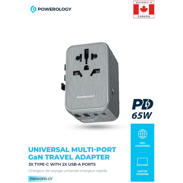 Powerology 65W PD Universal Multi-Port Travel Adapter with Triple USB-C Outputs, Universal Plugs, Combined Output Mode, Lightweight & Portable, Travel Friendly - Gray