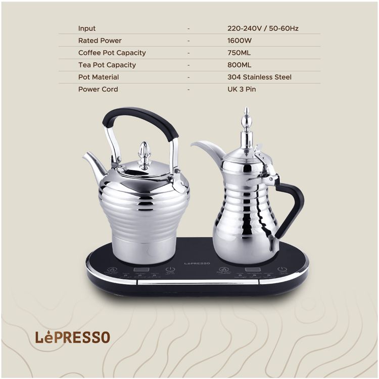 LePresso Electrical Arabic Coffee and Tea Dallah with Over-Heat Protection, 800mL Tea Pot Capacity, 750mL Coffee Pot Capacity, Simultaneous Preparation, Keep Warm   - Silver