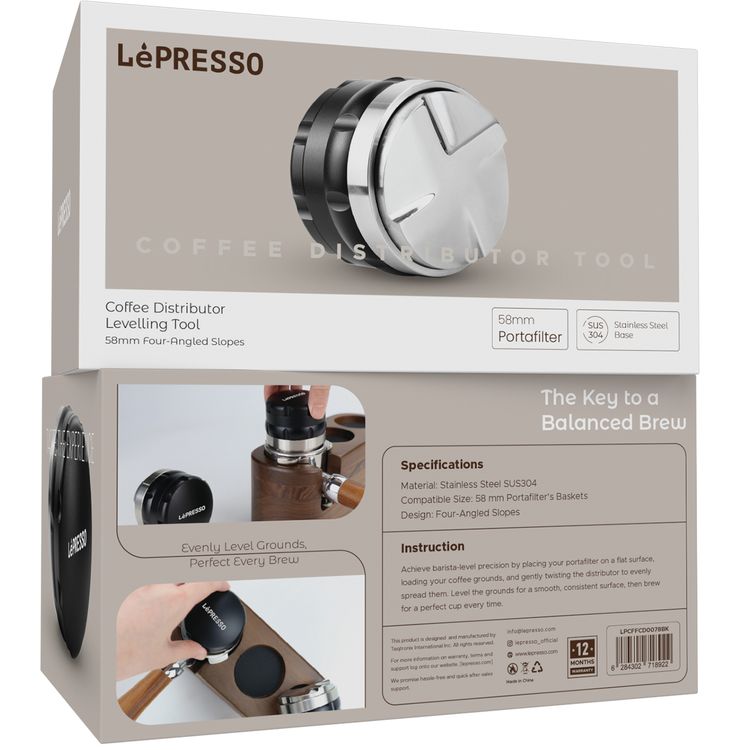 LePresso Coffee Distributor Lavelling Tool, Stainless Steel SUS304 & Alloy Material, Compatible with 58mm Portafilter Baskets, Four-Angled Slopes Design - Black