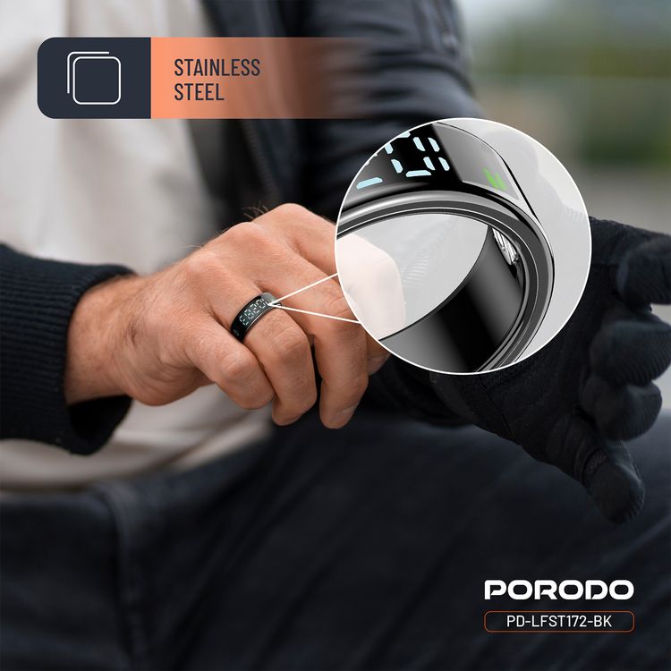 Porodo FitSync Smart Ring with Digital Display with Touch Scroll Function in Small Size 7, Up to 4 Days Active Use Time, 96KB Ram & 128KB ROM, Camera Gesture Control, Activity Tracking & 128 Sport Modes - Black