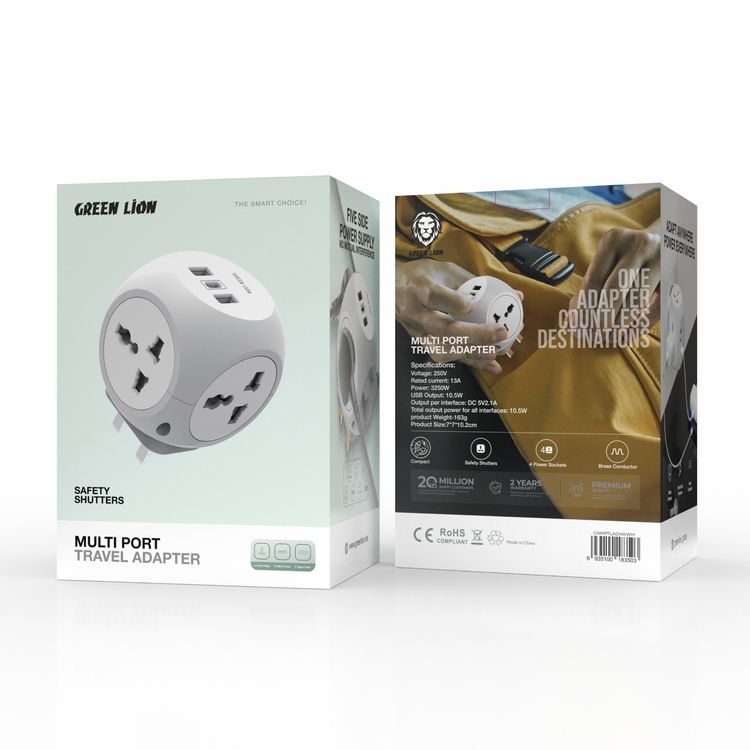 Green Lion Multi Port Travel Adapter with 4 AC Sockets, 2 USB-A Ports & USB-C Port, Short-Circuit Protection, Brass Conductor, Safety Shutters, 3250W Power - White