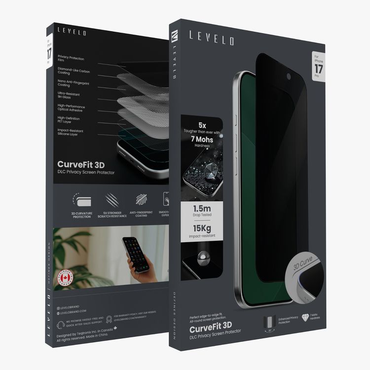Levelo Curve Fit 3D DLC Privacy Screen Protector for iPhone 17 Pro, High-Performance Optical Adhesive, Impact-Resistant Silicone Layer, Edge-to-Edge Fit, Smooth Touch Experience, Anti-Fingerprint, Oleophobic Coating - Black