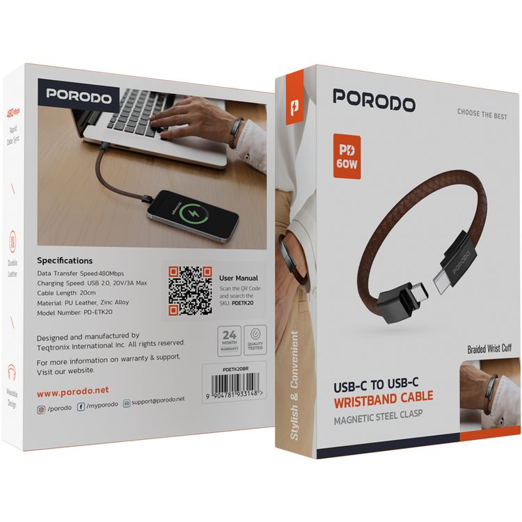 Porodo USB-C to USB-C Wristband Cable with Magnetic Steel Clasp, 60W Power Delivery, 480Mbps Data Transfer Speed, Wearable Design, 20cm Cable Length, PU Leather & Zinc Alloy Material - Brown