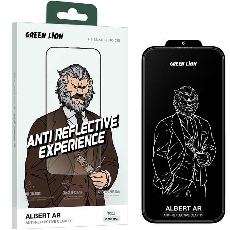 Green Lion Albert AR Screen Protector for iPhone 16 Pro Max, Anti-Dust, Crystal Clear, Anti Fingerprint, High Transmission, 9H Diamond Hardness, Sensitive Touch - Clear