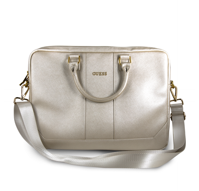 CG MOBILE Guess Saffiano-Look Computer Bag 15" with Adjustable Shoulder Strap with Zipper for MacBook, Suitable for Outdoor, Business, Office, School Officially Licensed Beige