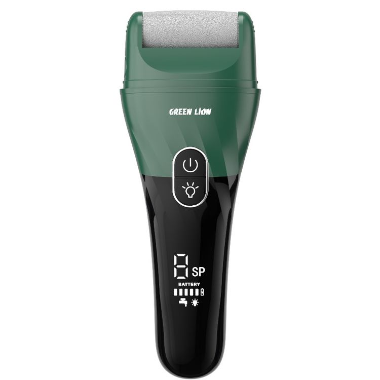 Green Lion Callus Remover with Protective Cap, 3 Detachable Roller Heads, Digital Display, 2 Speed Levels, 5W Power, 20 Minutes Auto Power-Off Function, Dual-Pin Charging Port - Green