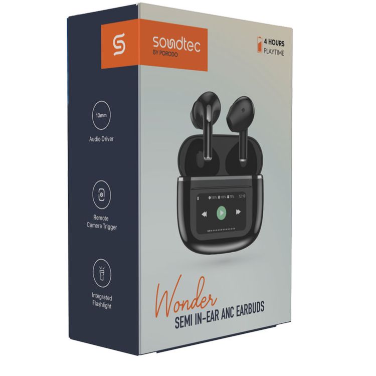 Porodo Soundtec Wonder TWS ANC Earphone with Touch Screen, Lightweight & Compact, Bluetooth V5.4, Remote Camera Trigger, Integrated Flashlight - Black  