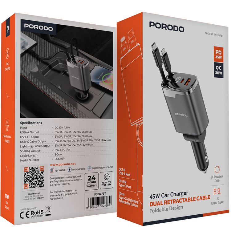 Porodo 45W Car Charger with Foldable Design, LED Voltage Display, 111W Maximum Output, Simultaneous Charging, Fast Charge Support, QC 36W, PD 45W, 80cm Type-C & Lightning Retractable Cables - Black