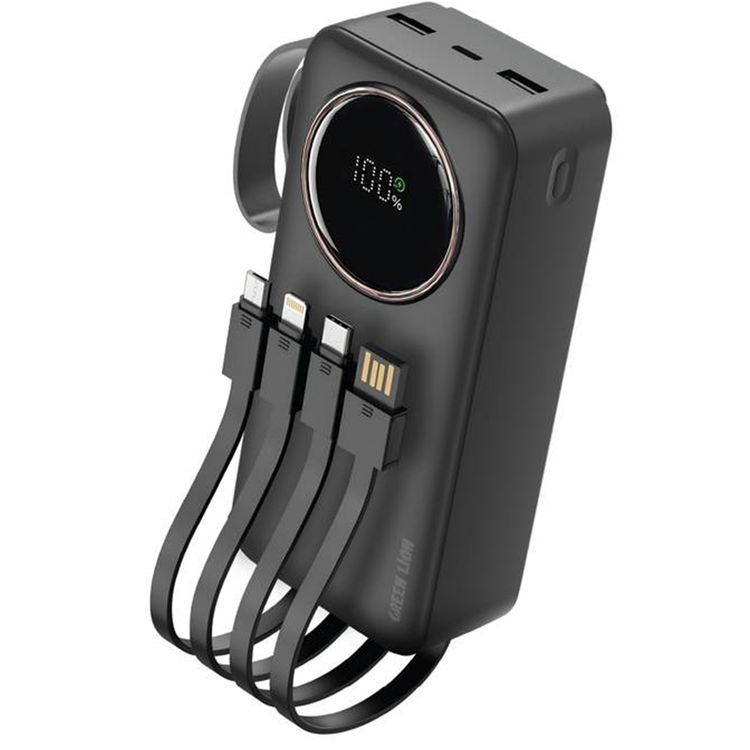 Green Lion Power Pulse 30000mAh Power Bank, PD 22.5W, Portable, Digital Display, Fast Charge Support, Micro + Lightning + Type-C + USB-A Integrated Cables - Black