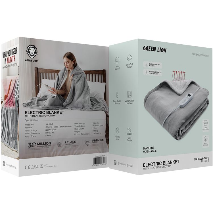 بطانية كهربائية جرين لايون بوظيفة التدفئة، فليس فائق النعومة، إيقاف تلقائي، أزرار تحكم سهلة، مستوى حرارة قابل للتخصيص، تدفئة مريحة وسريعة، بطانية كبيرة مريحة - رمادي