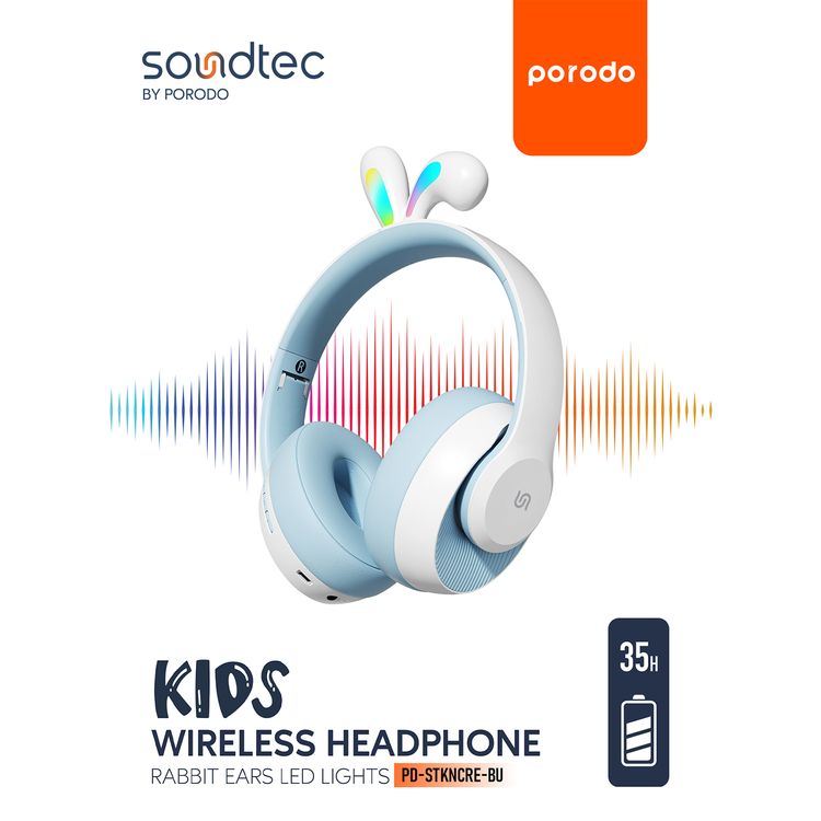 Porodo Soundtec Kids Wireless Headphones with Rabbit Ears & LED Lights, 40mm Speaker, 85dB Safe Sound, Up to 57 Hours Play Time, Bluetooth Version 5.3, Up to 40 Hours Talk Time, USB-C Charging Port - Blue