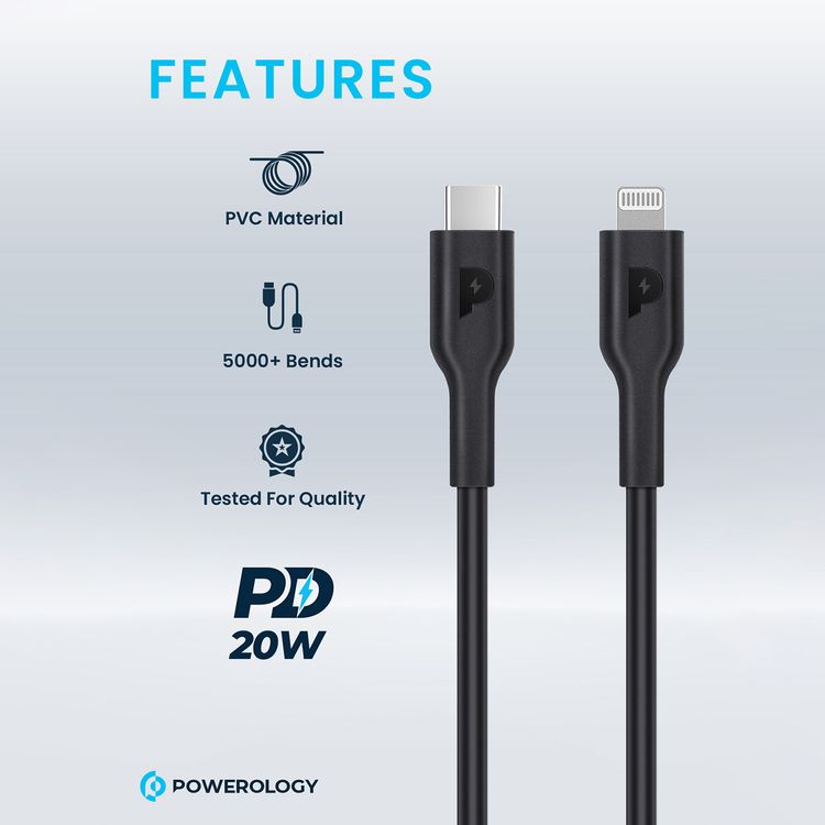 Powerology USB-C to Lightning Cable with 20W Power Delivery, 1.2m Cable Length, PVC Material, Universal Compatibility, Fast Data Sync & Charge - Black