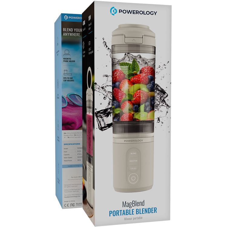 Powerology MagBlend Portable Blender with Magnetic Phone Mount, 6 Sharp Steel Blades, Powerful Ice Crushing, Multi-Mode Blending, 470mL Capacity, Fits to Car Cup Holders - White