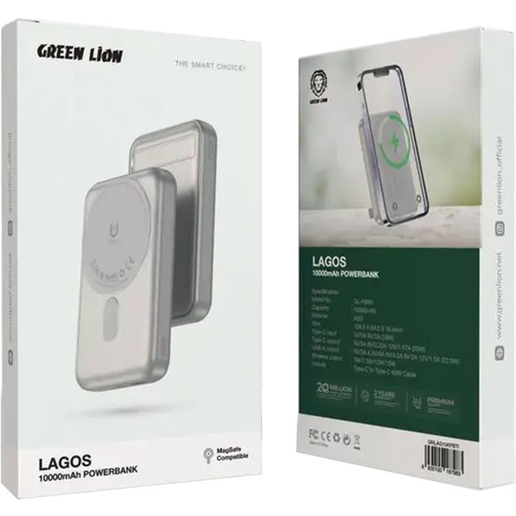 Green Lion Lagos 10000mAh Power Bank with PD 20W, MagSafe Compatible, Strong Adsorption, Built in Stand, Compact & Portable - Titanium