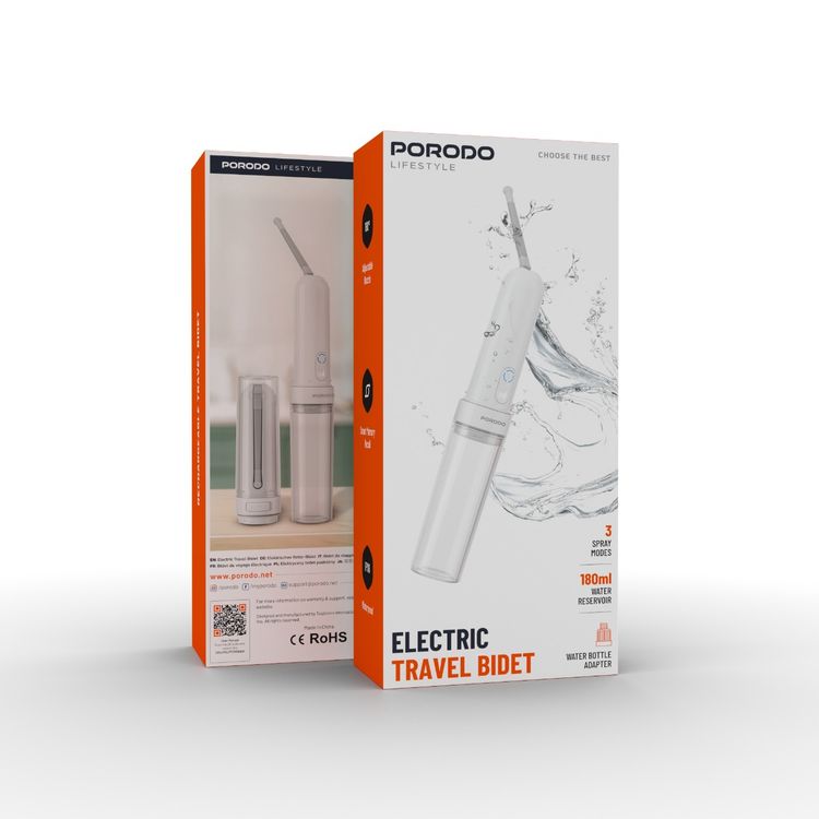 Porodo Lifestyle Electric Travel Bidet with 3 Spray Modes, Smart Memory Recall, Water Bottle Adapter, 180mL Water Reservoir, Waterproof - White 