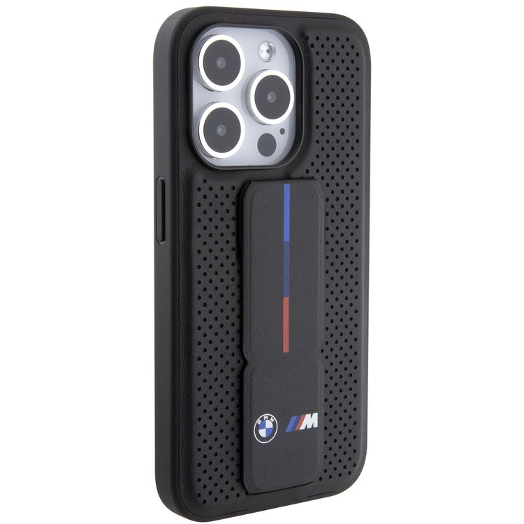 BMW M Grip Stand PU Smooth Leather Case with Perforated Pattern for iPhone 15 Pro Max