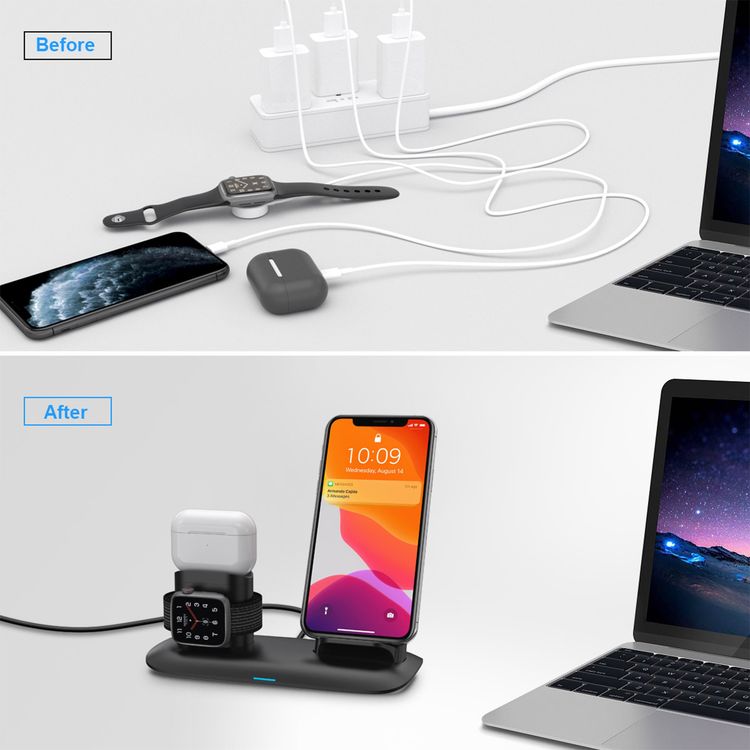 Porodo 4-in-1 Charging Station with Built-in Lightning Connector, Magnetic Charging for AirPods & Smartwatches, 10W Phone Output, 2W Watch Charger Output, Qi Standard - Black