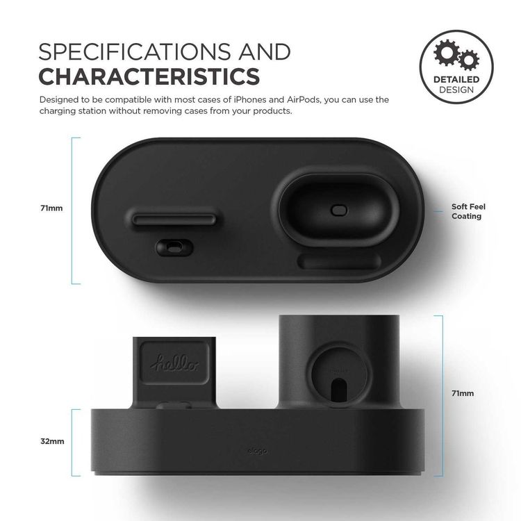Elago 3 in 1 Silicone Charging Hub Case, Charging Dock Cover with Cable Management Compatible for All Apple Watch Series, AirPods 1 & 2, and iPhone X, XS, XS Max, XR - Black