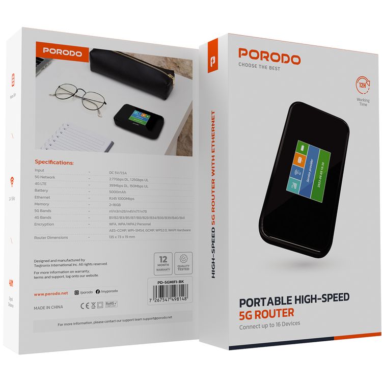 Porodo Portable MiFi 5G High-speed Wireless Router with Nano Sim Slot, Connect Up-to 16 Devices, 2.4/5GHz, 4G & 5G Bands, 5000mAh Battery - Black