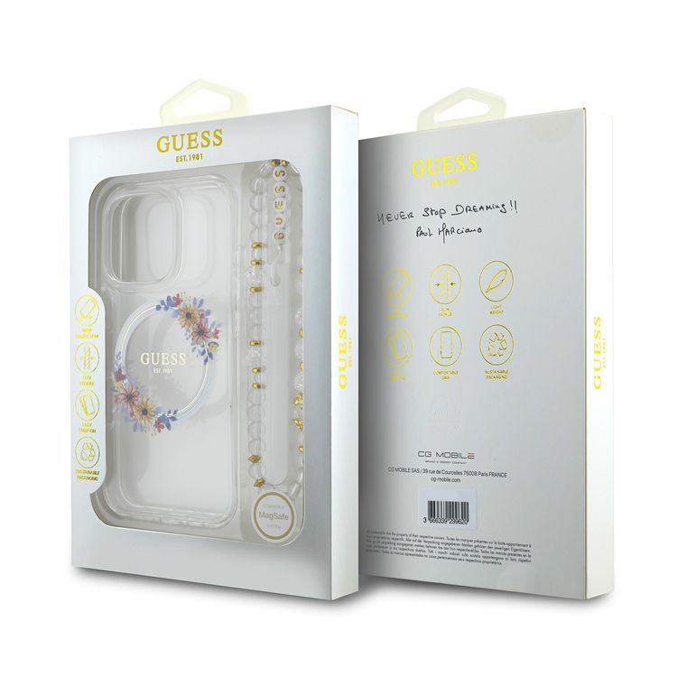 Guess Magsafe IML Hard Case for iPhone 16 Pro Max with Flower Wreath Design & Pearl Strap, Lightweight, Comfortable Grip, Drop Protection - Clear 