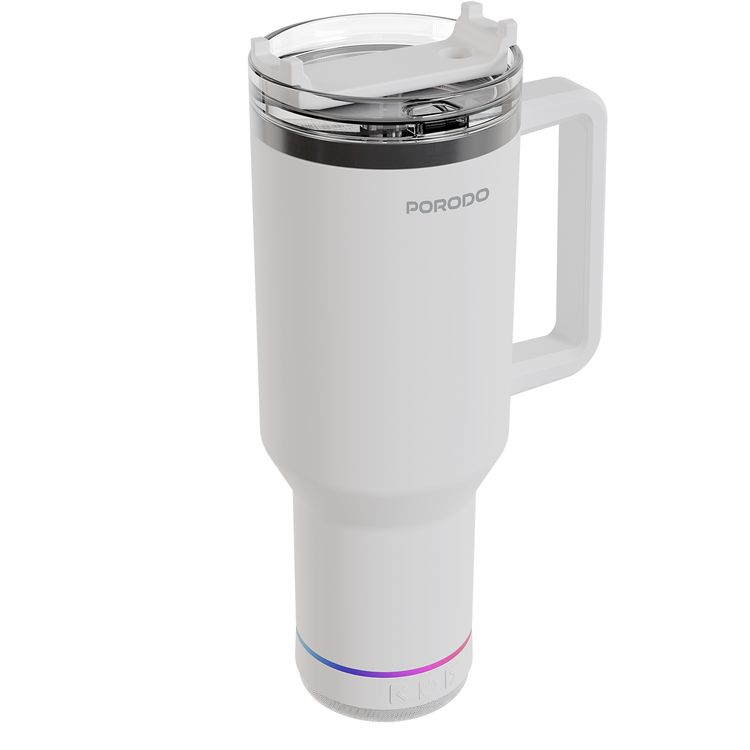Porodo HydroTunes Tumbler with Detachable Bluetooth Speaker Base, Bluetooth Version 5.3, 300mAh Battery, 1.2L Capacity, USB-C Charging Port, Dual-Function Design, Leakproof Silicone Lid, 3W Speaker Output Power - White