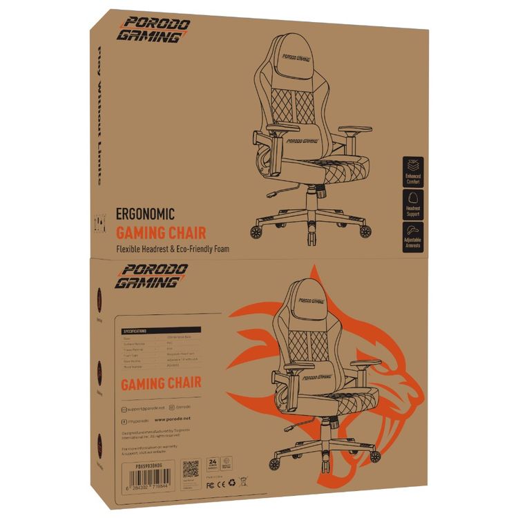 كرسي الألعاب المريح من Porodo Gaming مع راحة معززة، ومسند رأس مرن، ومزيج من الفوم الفاخر، ومسند ذراع قابل للتعديل، وتصميم مريح، وقاعدة من النايلون بحجم 320 ملم - أسود / برتقالي