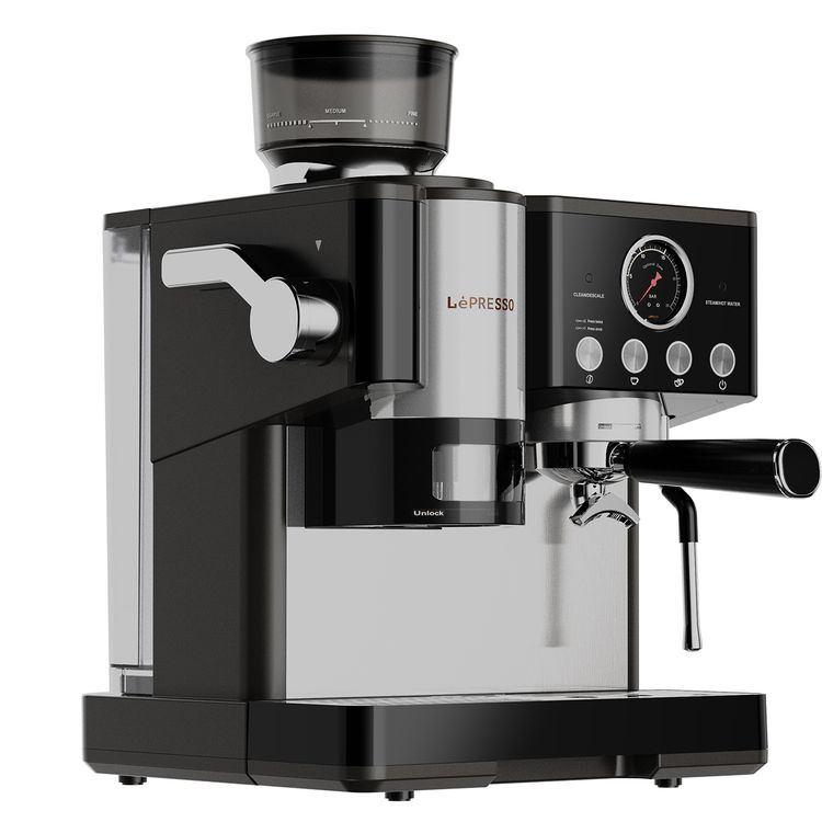 LePresso Maestro Semi-Automatic Coffee Machine with Coffee Grinder, Built-in Pressure Gauge, 2300W Rated Power, 2.8L Water Tank Capacity, 20 Bar Pump Pressure, 250g Bean Hopper Capacity, 220-240V Rated Voltage, 50/60Hz Rated Frequency, Intuitive Control Panel, Automated Tamping - Black