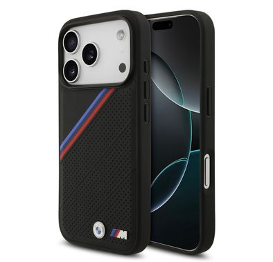BMW MagSafe PU Leather Case with Metal Logos & Tricolor Slanted Stripes for iPhone 17 Pro, Drop Protection, Sustainable Packaging, Easy Snap-On Design, Slim Profile - Black