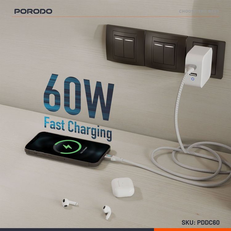 Porodo USB-C to USB-C Charging & Data Cable with 60W Power Delivery, 1m Cable Length, Braided Cable with Tangle-Free Design, 480Mbps Data Transfer Speed, Fast Charge - Silver