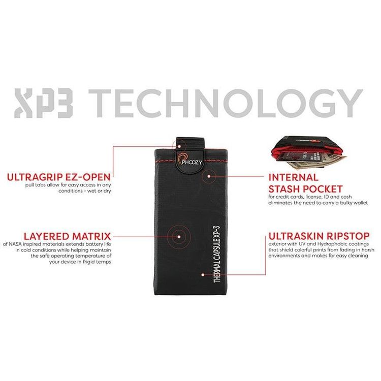Phoozy XP3 Series Thermal Mobile Phone Case Capsule with Internal Stash Pocket, Insulated Ultra-Slim Weatherproof Pouch, Floating Case Bag, Multi Attachment Strap Black-Large