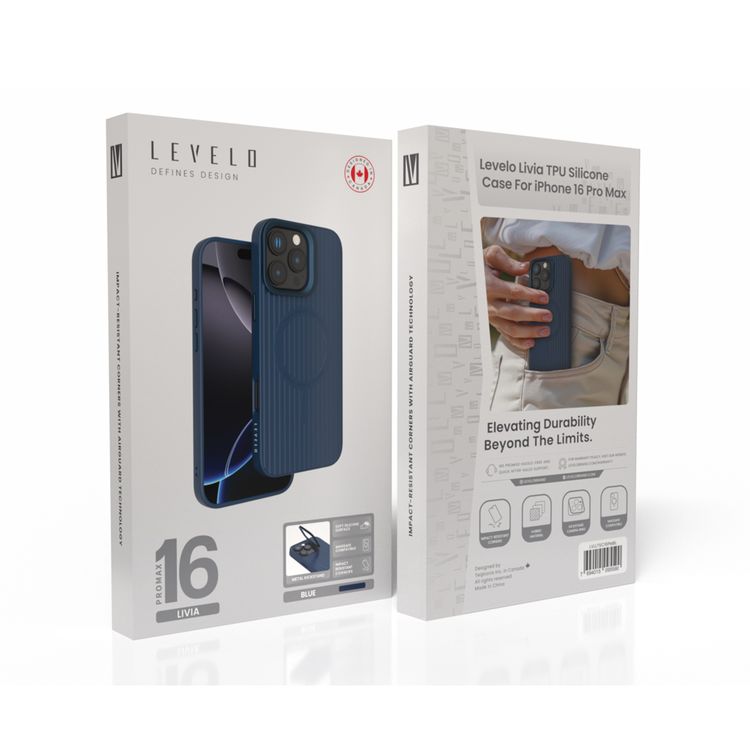 Levelo Livia Case for iPhone 16 Pro Max with MagSafe Compatibility, Impact-Resistant Corners, Built-in Kickstand, TPU with Silicone Surface, Metal Camera Ring - Blue