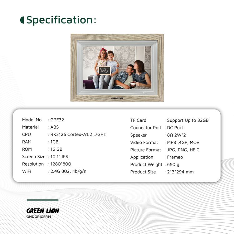 Green Lion Digital Picture Frame with Touch Screen Display, 10.1" IPS Screen Size, 1GB RAM, TF Card Support Up to 32GB, JPG, PNG & HEIC Picture Format Support - Wooden