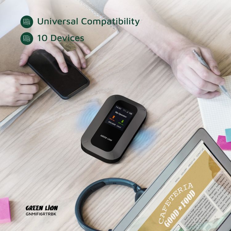 Green Lion Portable Mifi Router with WiFi6 High-Speed or USB Connectivity, 4G LTE & 3G Bands, Nano Sim Card, 3000mAh Battery Capacity, Up to 10 Devices Connectivity, Linux OS, 12 Hours Working Time, Automatic Configuration, Secure Encryption, Universal Compatibility, TFT HD Display - Black