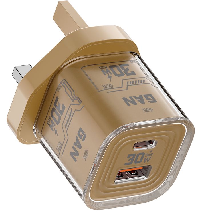 Porodo TEZCLARTÉ Quick Wall Charger with Dual Port Fast Charging, Flame Retardant Housing, Transparent Design, PD 30W USB-C Output, QC 20W USB-A Output - Khaki