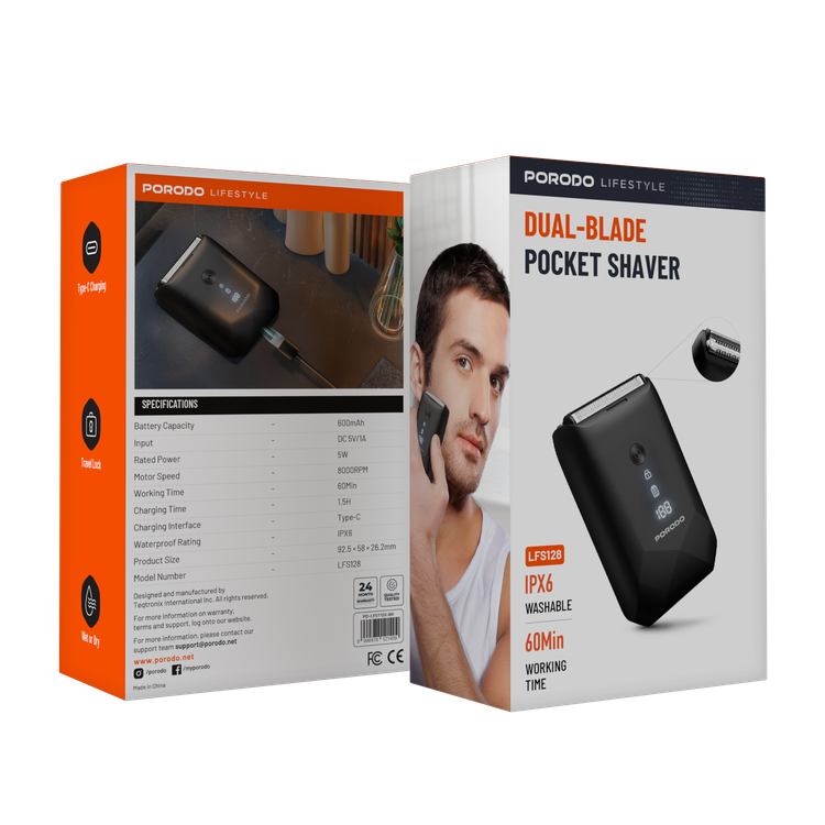Porodo Lifestyle Dual-Blade Pocket Shaver with Travel Lock, Dual-Blade, Digital Display, Type-C Charging, 600mAh Battery, 8000RPM Motor Speed, Lightweight & Portable - Black