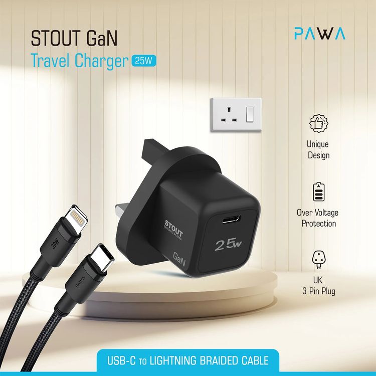 Pawa Stout GaN Travel Charger with Type-C to Lightning Cable, 25W Total Output Power, Low Temperature & Fire Protection, 1.2m Cable Length, Fast Charging - Black