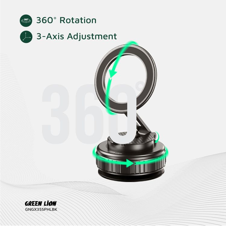 Green Lion GX-35 Suction Phone Holder with 360° Rotation, MagSafe Compatibility, N52×17 Magnets, 2kg Adsorption Force, Zinc Alloy Arm, 50kPa Pressure, Foldable Design - Black