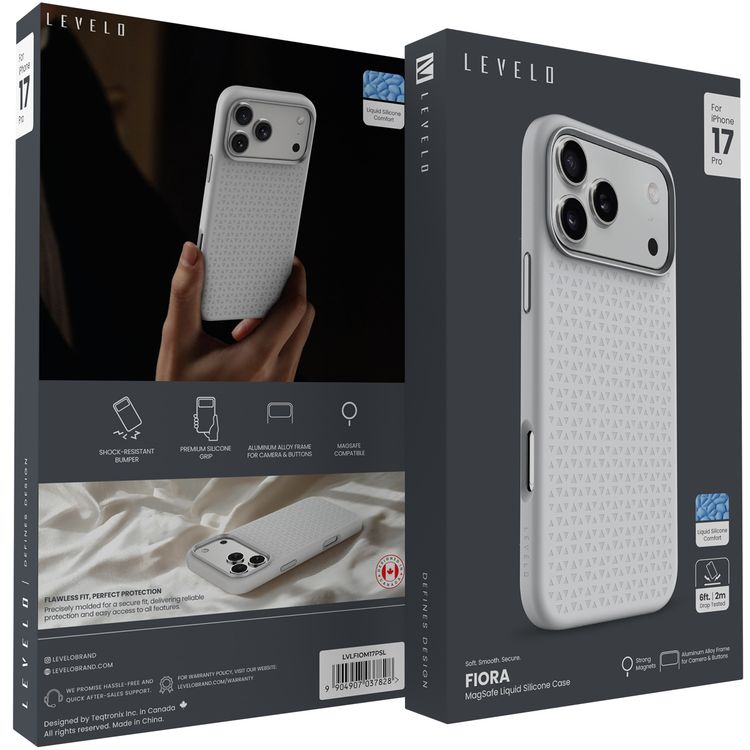 Levelo Fiora MagSafe Liquid Silicone Case for iPhone 17 Pro, Strong Magnets, Aluminum Alloy Frame for Camera & Buttons, Shock-Resistant Bumper, Premium Silicone Grip - Silver