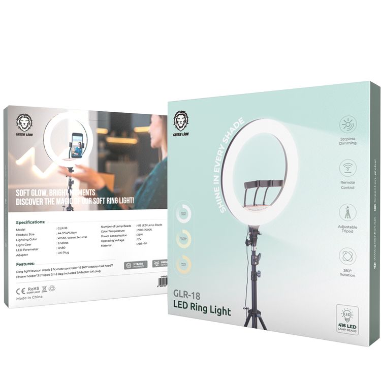 Green Lion GLR-18 LED Ring Light with 416 LED Lamp Beads, 36W Power Consumption, White, Warm & Neutral Lights, Adjustable Tripod, 360° Rotation, Remote Control - Black
