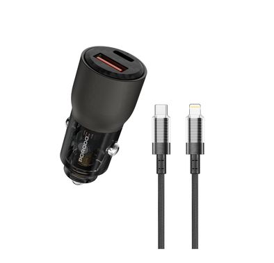 Porodo 95W Car Charger Transparent  with 90cm Lightning Cable, Simultaneous Fast Charging, Universal Compatibility - Gray
