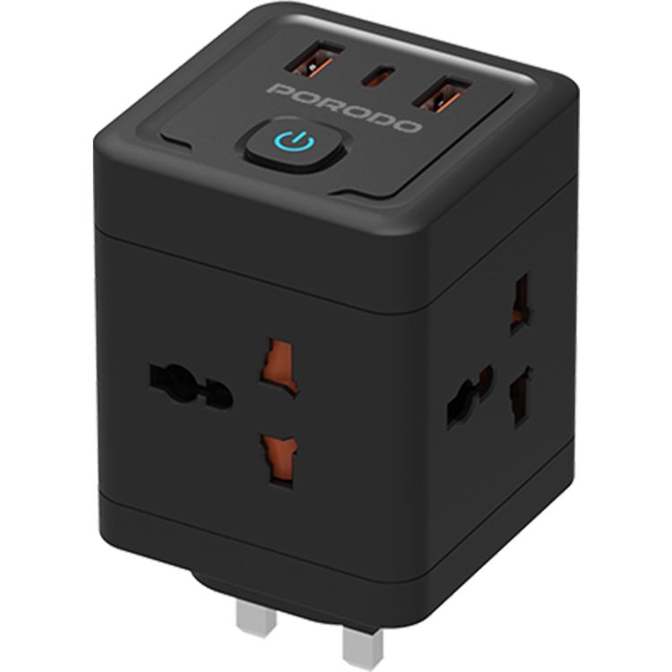 Porodo 4-AC Universal Power Block Adapter with USB-C & Dual USB-A Ports, Fast Charge, 20W Power Delivery, Built-in Safeguards, Simultaneous Charging, 2500W Rated Power - Black