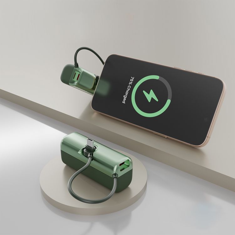 Porodo Pocket Volt 5000mAh Power Bank with Built-in Type-C Connector, 22.5W Power Delivery, Fast Charging Support, Compact Design, 15W Total Output - Green